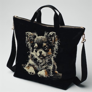 Könnte beinhalten: Schwarze Canvas-Tragetasche mit einem braunen und weißen Chihuahua, der auf der Vorderseite gestickt ist. Die Tasche hat einen Reißverschluss und einen langen Schultergurt.