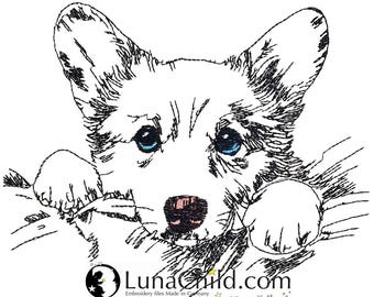 WENIGER STICHE - Stickdatei Corgi "Taki" LIGHT - für Helle Stoffe -  Hund - LunaChild - 6 Größen