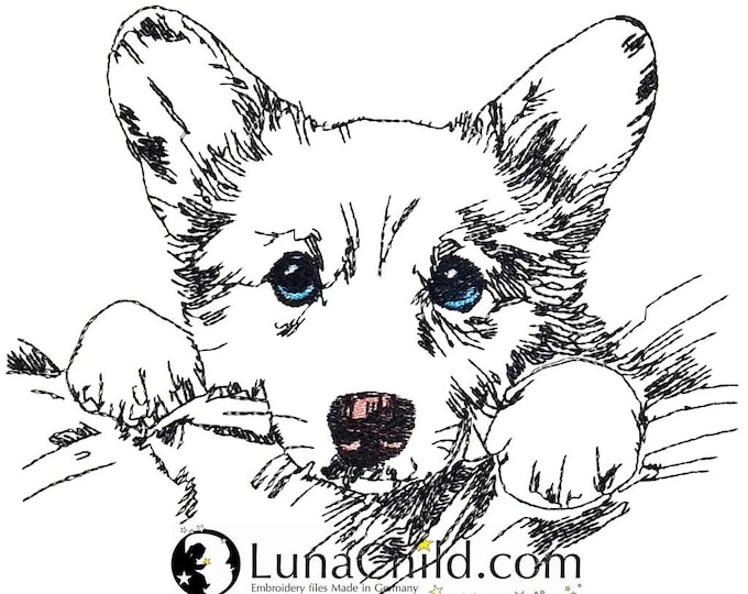 WENIGER STICHE - Stickdatei Corgi "Taki" LIGHT - für Helle Stoffe -  Hund - LunaChild - 6 Größen