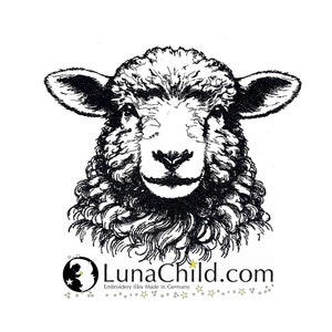 May include: Black and white illustration of a sheep's head with a fluffy coat of wool. The sheep is looking directly at the viewer with a friendly expression. The image is part of a logo for LunaChild.com, which specialises in embroidery files made in Germany.
