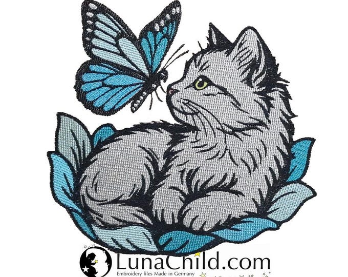 Stickdatei - Katze - Schmetterling - Vollstick - "Kiyomi" - Für helle & dunkle Stoffe - in 10 Größen - LunaChild