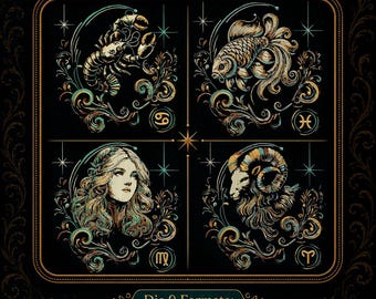 Mystical Zodiac Embroidery Design Set • 12 Zodiac Signs • Astrology Embroidery Files • Version 1 with Jump Stitches • 4 Sizes • LunaChild