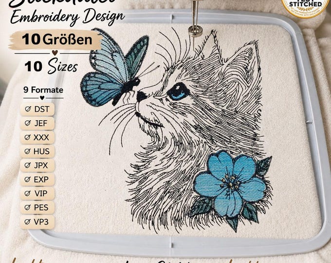 Cat & Butterfly LIGHT Embroidery Design “Nova” | Minimalist Realistic Cat Design for Light Fabrics | 10 Sizes | 2 Versions
