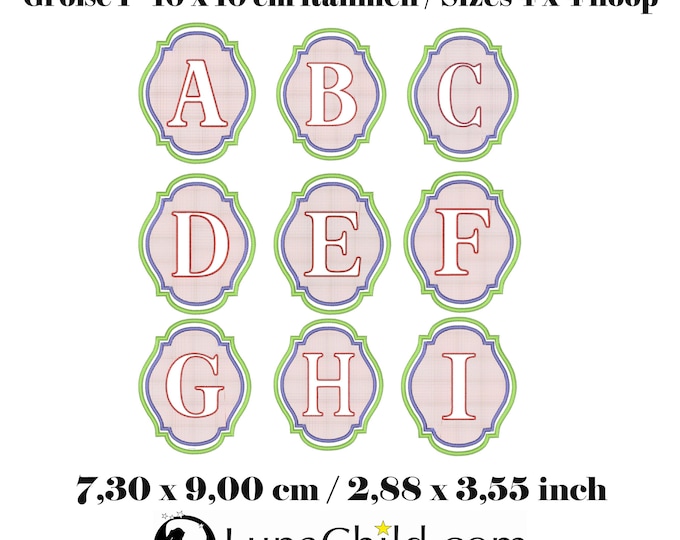 Stickdatei - Set Größe 1 Alphabet Präge Stickmuster - Buchstaben "A - Z" - geprägt - 7,30 x 9,00 cm ( 2,88 x 3,55 inches ) LunaChild
