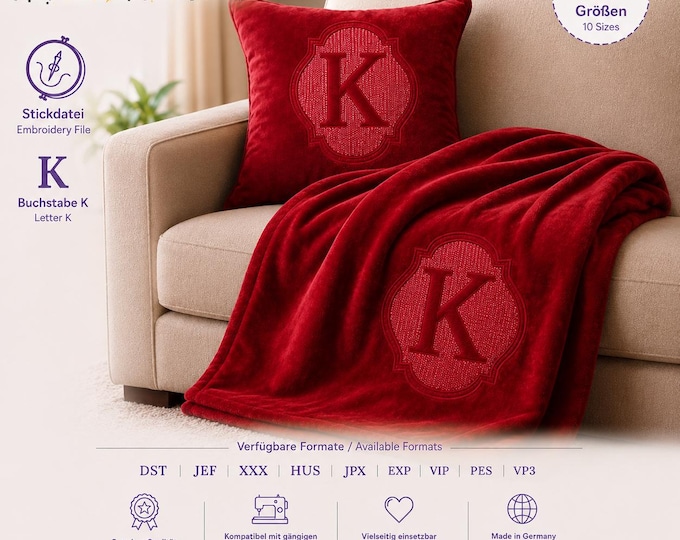 Embossed Embroidery File Letter „K“ • Monogram Towel Design • Bath Font 10 Sizes • LunaChild