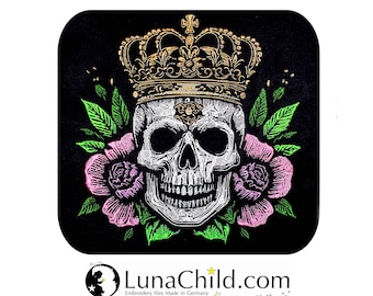 Embroidery file skull with crown "Justus" realistic colorful commercial use LunaChild for dark fabrics