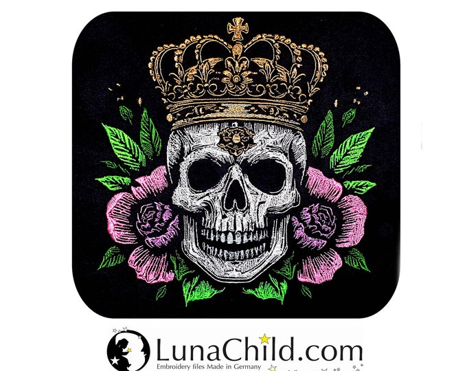 Embroidery file skull with crown "Justus" realistic colorful commercial use LunaChild for dark fabrics