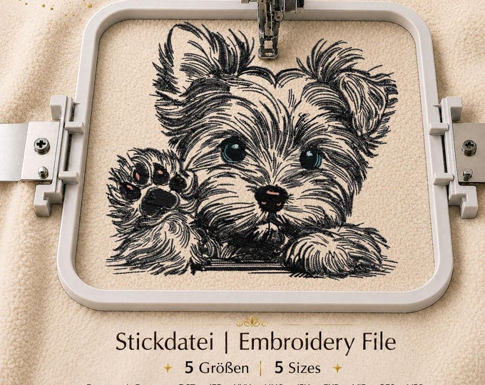 Yorkshire Terrier Embroidery Design “Benny” | Realistic Yorkie for Light Fabrics | 5 Sizes