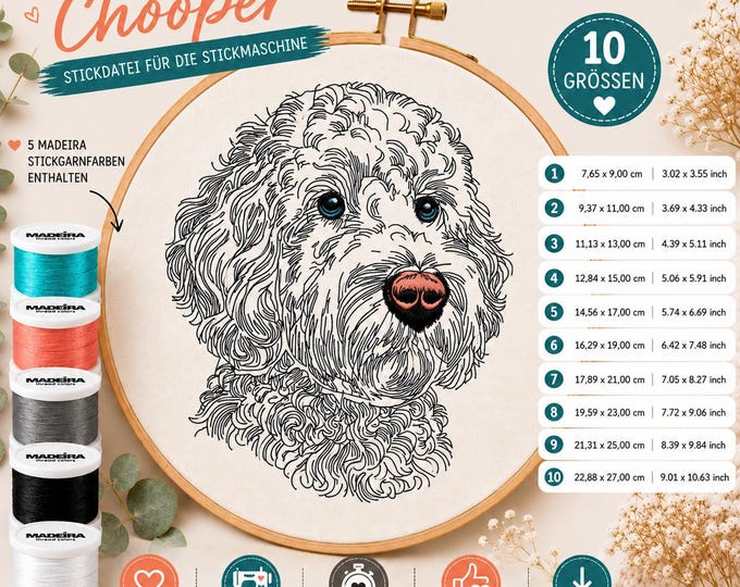 Stickdatei Golden Doodle „Chooper“ – Doodle Hund Stickdatei – 10 Größen – Light – Laufstich – LunaChild