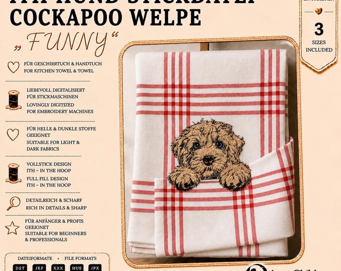 ITH Cockapoo Puppy Embroidery Design "Funny" • Dog Towel Topper Embroidery File • In The Hoop Machine Embroidery • 3 Sizes • LunaChild