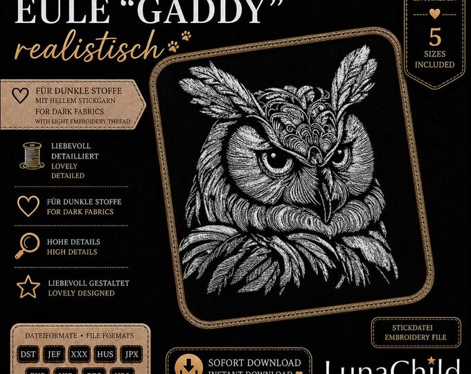 Stickdatei Eule „Gaddy“ – Owl Embroidery Design – 5 & 6 Größen – LunaChild
