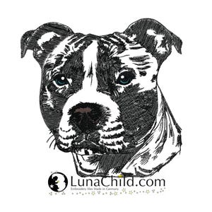 以下が含まれることがあります： 青い目をしたピットブルテリアの白黒の線画イラスト。犬は直接視聴者を見つめています。画像はシンプルでミニマルなスタイルです。