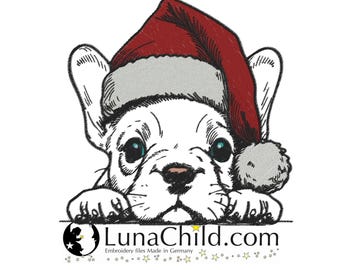 NEU Stickdatei Französische Bulldogge Welpe mit Weihnachtsmütze Hund "David" realistisch kommerzielle Nutzung LunaChild