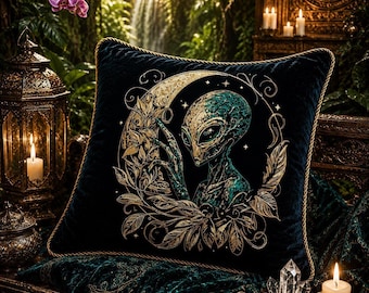 Grey Alien Embroidery Design “Grey” | Mystical Alien Moon Fantasy Sci-Fi Boho for Black Fabric | 8 Sizes | 2 Versions