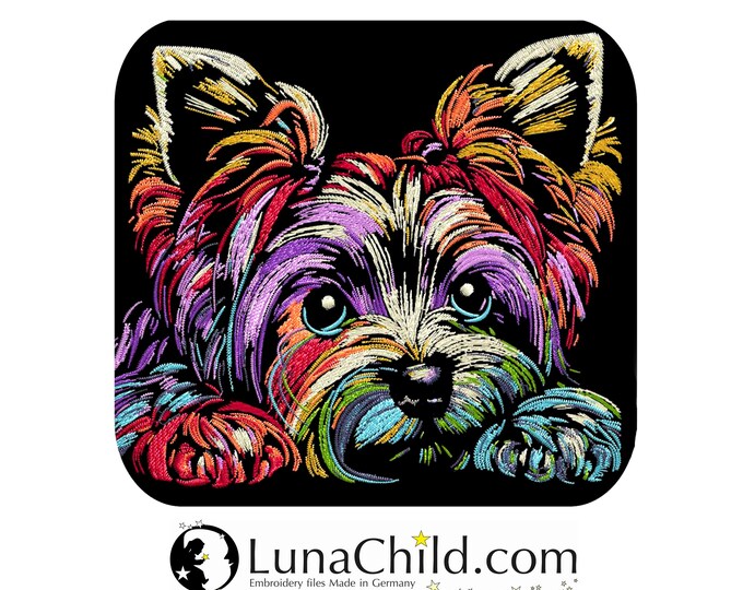 Neu AUFWENDIGE Stickdatei Yorkshire Terrier "Bubbles" realistisch bunt kommerzielle Nutzung LunaChild für dunkle Stoffe