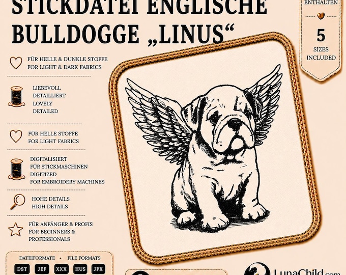 Stickmuster Englische Bulldogge „Linus“ – Bulldogge mit Flügeln – Doodle Stickdatei – 5 Größen – LunaChild