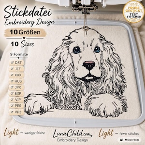 Cocker Spaniel Embroidery Design “Johann” | LIGHT Dog Embroidery for Light Fabrics | 10 Sizes | 2 Versions
