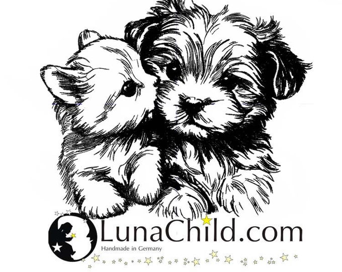 Stickdatei Yorkshire Terrier Welpe & Kätzchen Katze Kitten "Becca und Elfie" Hund realistisch Nutzung LunaChild