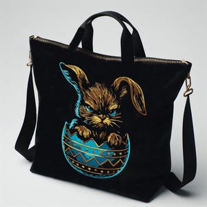 Könnte beinhalten: Schwarze Tragetasche mit goldenem Reißverschluss und Griffen. Die Tasche zeigt eine gestickte Illustration eines wütenden Hasen, der aus einem blau-gold verzierten Ei kommt. Der Hase hat blaue Augen und goldenes Fell.