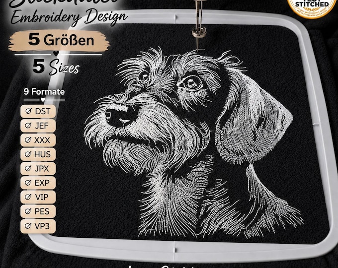Wirehaired Dachshund Embroidery Design “Olaf” | Realistic Dog for Black Fabric | 5 Sizes