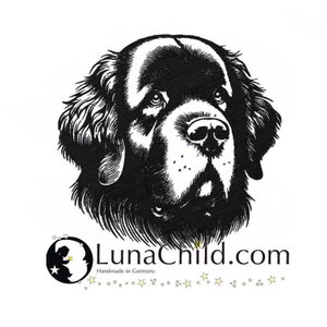 May include: Black and white illustration of a Saint Bernard dog's head. The dog is looking to the right. The image is on a white background with the text "LunaChild.com" and "Handmade in Germany" below the image.