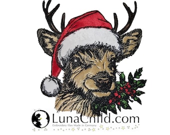 NEU Stickdatei Hirsch mit Weihnachtsmütze "Blade" realistisch kommerzielle Nutzung LunaChild