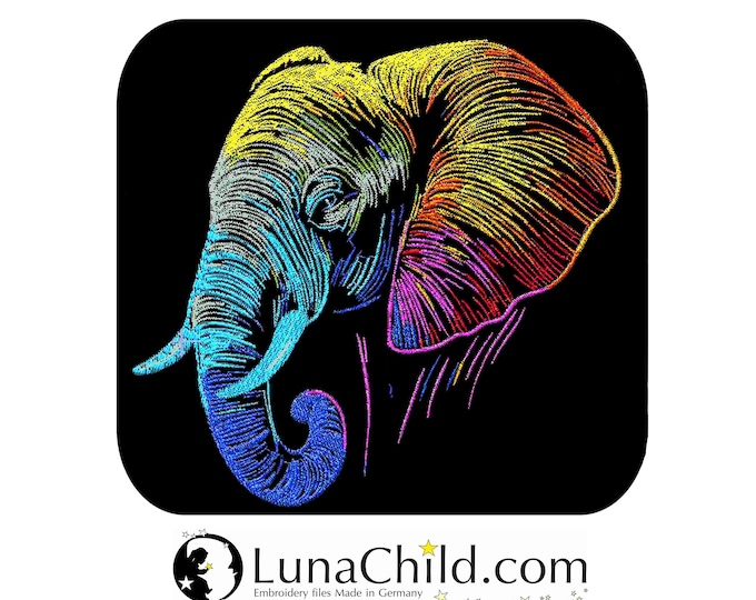 Neu AUFWENDIGE Stickdatei Elefant "Tassilo" realistisch bunt kommerzielle Nutzung LunaChild für dunkle Stoffe