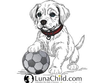 Stickdatei Hund mit Fußball "Pille" LIGHT – Weniger Stiche – Hundemotiv für helle Stoffe – 10 Größen – LunaChild Embroidery