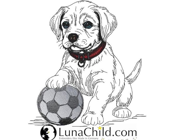 Stickdatei Hund mit Fußball "Pille" LIGHT – Weniger Stiche – Hundemotiv für helle Stoffe – 10 Größen – LunaChild Embroidery