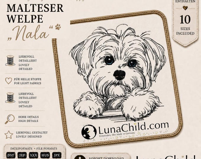 Maltese Puppy Embroidery Design Nala – Realistic Dog Embroidery File – Dog Portrait Design – 10 Sizes – LunaChild