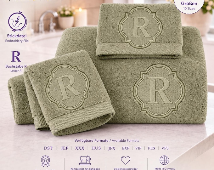 Embossed Embroidery File Letter „R“ • Monogram Towel Design • Bath Font 10 Sizes • LunaChild