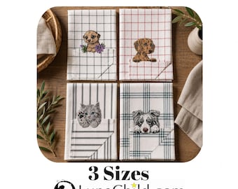 Stickdatei 4 Motive Set Border Collie, Katze, Erdmännchen, Dackel - Geschirrtuch - Handtuch - für helle Stoffe - 3 Größen – LunaChild