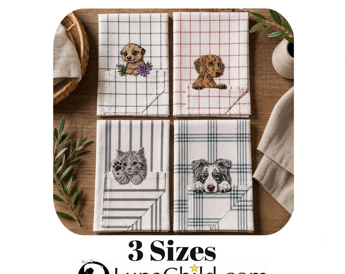 Stickdatei 4 Motive Set Border Collie, Katze, Erdmännchen, Dackel - Geschirrtuch - Handtuch - für helle Stoffe - 3 Größen – LunaChild
