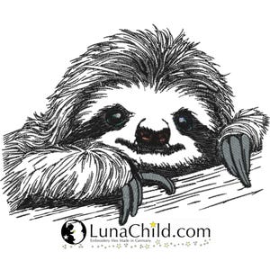 May include: Black and white embroidered image of a sloth with a smiling face and gray claws. The sloth is resting on a branch. The image includes the text "LunaChild.com" and "Embroidery files Made in Germany".