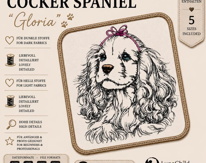 Cocker Spaniel "Gloria" Embroidery Design – 5 Sizes – LunaChild