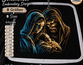 Holy Family Embroidery File “Mary, Joseph & Jesus” | Christian Nativity for Dark Fabrics | 8 Sizes | 2 Versions