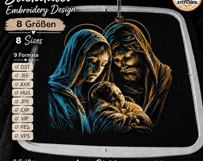Holy Family Embroidery File “Mary, Joseph & Jesus” | Christian Nativity for Dark Fabrics | 8 Sizes | 2 Versions