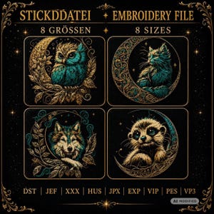Embroidery Bundle Temo, Eulalia, Faolan & Marbel | Meerkat Owl Wolf Cat Moon Designs for Black Fabric | 8 Sizes | 2 Versions