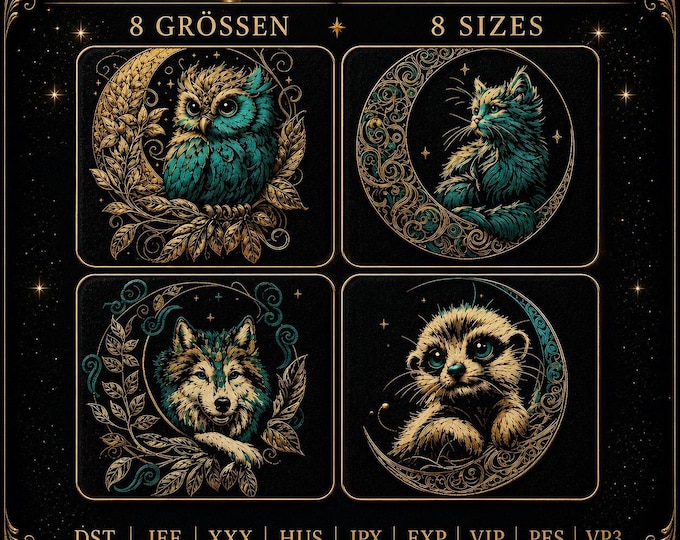 Embroidery Bundle Temo, Eulalia, Faolan & Marbel | Meerkat Owl Wolf Cat Moon Designs for Black Fabric | 8 Sizes | 2 Versions