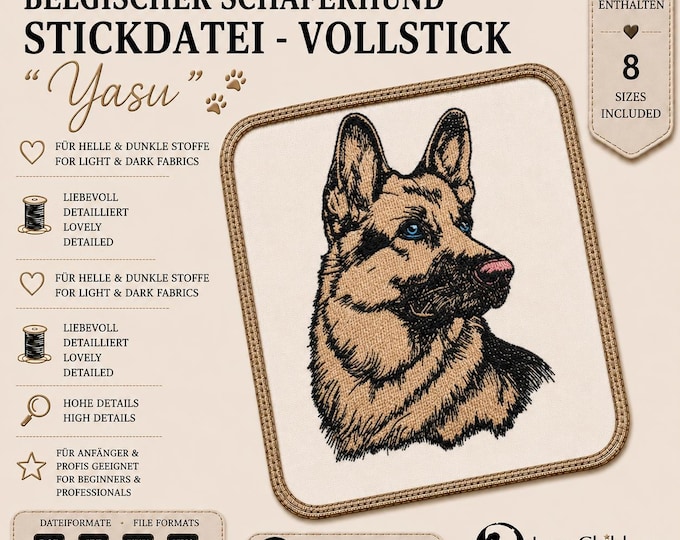 Stickdatei Vollstick Belgischer Schäferhund „Yasu“ – Belgian Shepherd Embroidery Design – 8 Größen – LunaChild