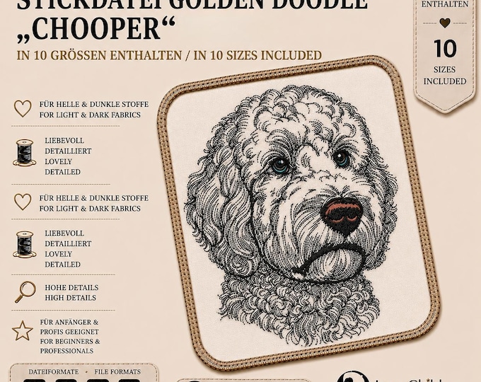 Goldendoodle Embroidery Design "Chooper" – Doodle Dog Embroidery File – Realistic Goldendoodle Embroidery Pattern – 10 Sizes