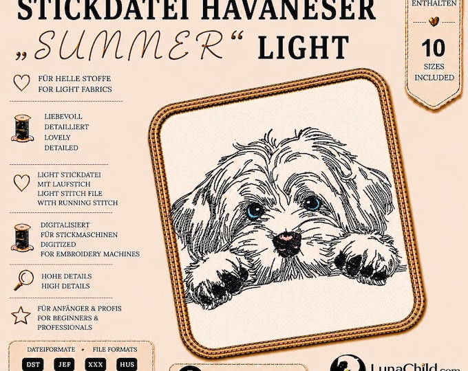 Stickmuster Havaneser „Summer“ LIGHT – Hunde Stickmotiv – 10 Größen – LunaChild