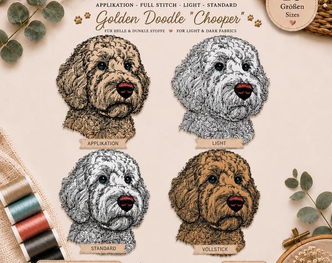Stickmotiv Set Applikation - Vollstick - Light - Standard  - Golden Doodle "Chooper" - für helle & dunkle Stoffe - in 10 Größen - LunaChild