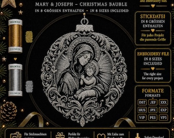 Mary and Baby Jesus Ornament Embroidery Design – Christian Christmas Embroidery File – 8 Sizes – LunaChild