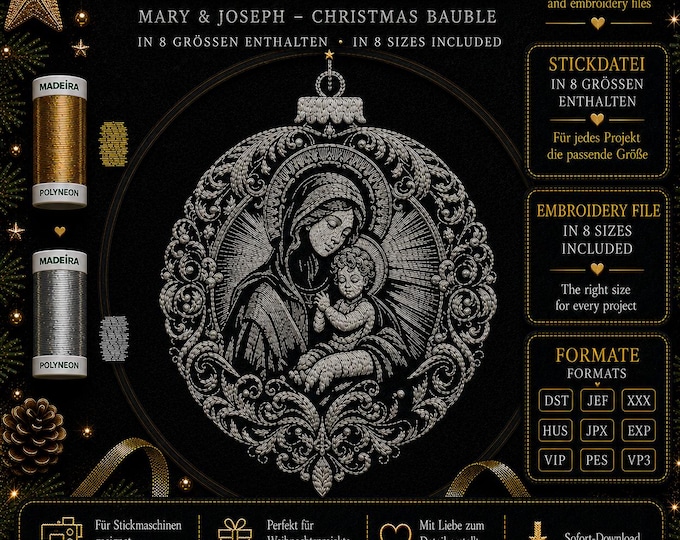 Mary and Baby Jesus Ornament Embroidery Design – Christian Christmas Embroidery File – 8 Sizes – LunaChild