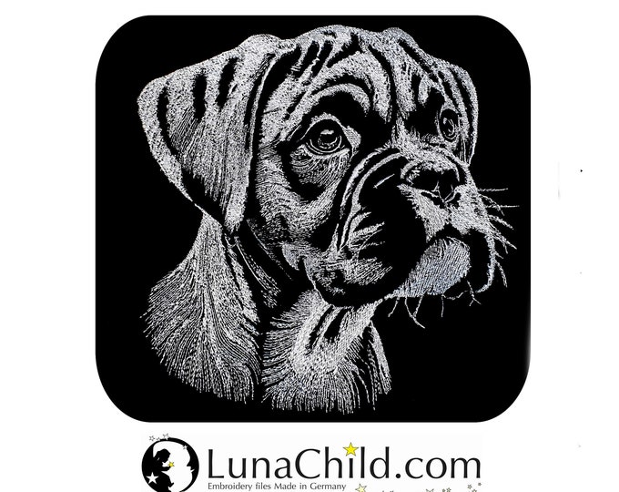 Embroidery file Boxer puppy "Cassius" dog realistic for dark fabrics commercial use LunaChild
