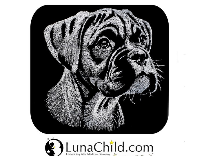 Stickdatei Boxer Welpe "Cassius" Hund realistisch für dunkle Stoffe kommerzielle Nutzung LunaChild
