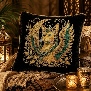 Könnte beinhalten: Schwarzes Samtkissen mit einem gestickten Design einer geflügelten Katze mit einem juwelenbesetzten Kopfschmuck, vor einem Mond und Sternen. Die Katze hat grüne Augen und goldene und türkisfarbene Flügel. Das Kissen hat eine goldene Kordel.