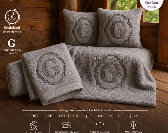 Embossed Embroidery File Letter „G“ • Monogram Towel Design • Bath Font 10 Sizes • LunaChild