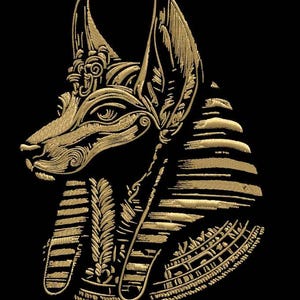 Puede incluir: Un diseño bordado que muestra el perfil de la deidad egipcia Anubis en hilo dorado metálico sobre un fondo negro sólido. La obra presenta detalles de costura intrincados en las orejas, el hocico y el tocado a rayas de la figura.
